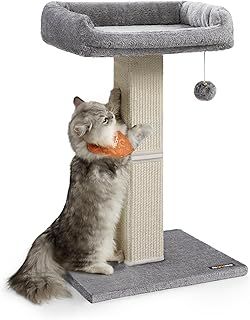 Feandrea Cat Scratching Post, Cat Scratcher with 40 x 30 cm Plush Perch, Cat Tree, 71 cm Tall Scratch Post with Woven Sisal, 45 x 40 cm Base, Pompom, Light Grey