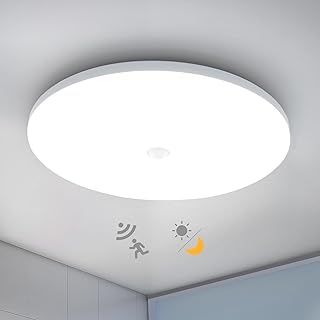 Combuh LED Ceiling Light with Motion Sensor and Twilight Sensor, 18W 1800LM Ø30CM Round Ceiling Lamp Inside, 6500K Cold White IP56 Bathroom Ceiling Lights for Hallway, Stairs, Entrance