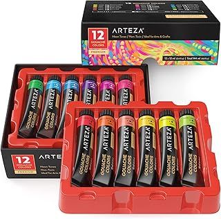 ARTEZA Gouache Paint, 12 Colours, Neon Tones, 144-ml Tubes, Opaque Water-Based Paint for Canvas and Paper, Art Supplies for Professionals