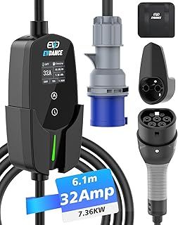 EV Charger Type 2 to CEE Plug [7.36KW, 1 Phase, 6.1M/20ft, 10A-32A] 12 Hours Delay Timer, IP66 Waterproof, Electric Car Charger Cable with Commando Plug and LED Display, Black