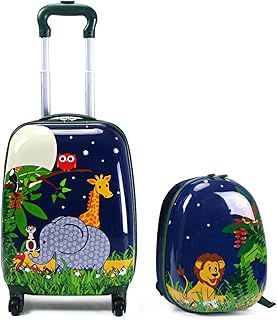 2PCS Kids Luggage Set, Kids Hard Shell Trolley Case with 4 Universal Wheels, Children Backpack and Suitcase for Boys Girls Travel School (Lion+Elephant, 12"+16")