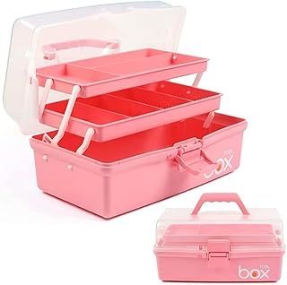 Creahaus 12in 3 Layer Multipurpose Storage Box/Craft Storage Boxes With Compartments/Plastic Tool Box/Medicine Storage Box/Hair Accessories Organiser/Sewing Box with 2 Trays (Pink)
