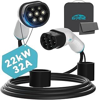 EVPEIWE 22kW 32A Type 2 EV Charging Cable, 5M Portable Type 2 EV Charger Cable | 480V| 3 Phase | IP55 | for All IEC62196-2 EVs & Plug-in Hybrid Mennekes Model 3/X/Y/S, with Free Storage Bag