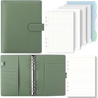SKYDYE A5 Ring Binder - 135 Sheet Refill Paper, Binder with Pockets and Dividers for School Notes and Travel Diaries (Olive Green)