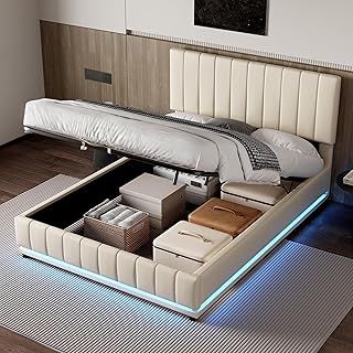 Upholstered Ottoman Bed, Hydraulic Storage Bed with LED Lighting, 4ft6 Double Bed Frame with Channel Tufted Wide Headboard, Velvet Gas Lift Ottoman Bed With Storage & Wooden Slats, Beige, No Mattress
