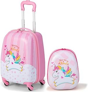 HOMFME 2 PCS Kids Luggage Set, Children Suitcase and Backpack Set with Adjustable Handle and Universal Wheels, Hard Shell Toddler Trolley Case for Travel School (12 + 16 Inch, Pink Unicorn)