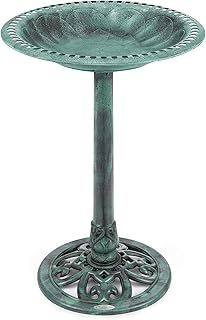 CHRISTOW Plastic Resin Bird Bath for Garden, Round Pedestal Birdbath, Traditional Victorian Style, Rustic Metal Effect, Standing Outdoor Water Bowl, 60cm x 43cm x 43cm (Green)