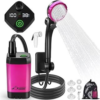 WADEO Upgraded Portable Shower, Camping Shower with Rechargeable 6000mAh Battery & Sinking bottom Design, Outdoor Shower with Dual Digital Display & 3-in-1 Hook
