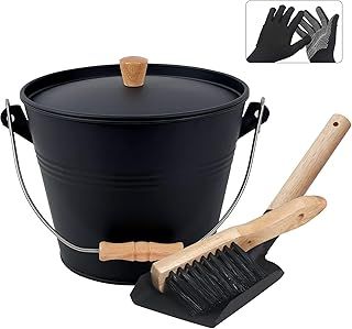 BRIAN & DANY Coal Bucket with Lid, Ash Bucket for fireplaces, 5L Metal Buckets for Hot Ash with Shovel and Hand Broom