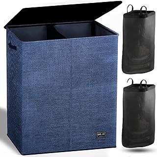 NUCAZA 145L Double Laundry Basket with Lid & Removable Laundry Bags, 2 Compartments Washing Basket for Light & Dark Clothes, Large Laundry Hamper, Collapsible Laundry Bin Storage Basket Blue