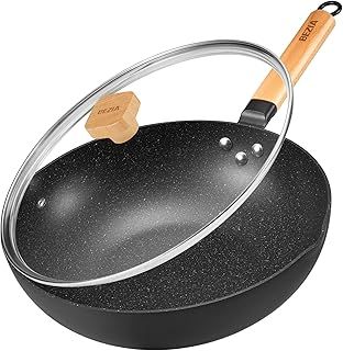 BEZIA Inductions Wok with Lid, Non-Stick Wok Pan 30cm, Stir-Fry Pan with Wooden Handle, Easy Cleanup ＆ Ovensafe, for All Hobs, Granite