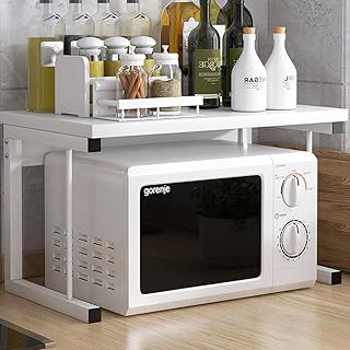 2 Tiers Pot & Pan Rack, Microwave Oven Rack Baker's Rack, Desktop Printer Stand Fax Rack for Living Room Home Office, Freestanding Kitchen Countertop Storage Organizer, White
