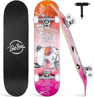 BELEEV Skateboards, 31 x 8 inch Complete Skateboard for Beginners, 7 Layer Canadian Maple Double Kick Deck Concave Cruiser Trick Skateboard for Kids and Adults with Skate T-Tool
