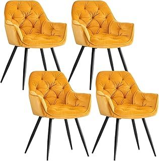 Dining chairs with Velvet Thick Padded Upholstered Kitchen Tub Chair Armchair with Backrest Metal Legs Living room Reception Leisure Chairs for Bedroom Lounge Office(Yellow,4)