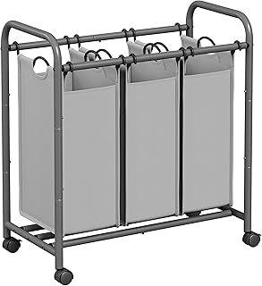 SONGMICS Laundry Basket with 3 Compartments, Dirty Laundry Trolley on Wheels, Laundry Basket with Handles, Removable Bags, Grey LSF003GS