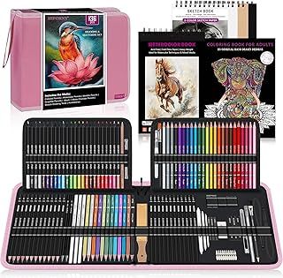 136 PCS Drawing & Sketching Set,Pro Art Supplies with Graphite,Charcoal,Colored,Watercolor,Metallic Pencils,Blending Tools,Sketchbook,Watercolor Book and Coloring Book in Zipper Case (Pink)