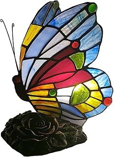 Bieye L30042US 8 inches Butterfly Tiffany Style Stained Glass Accent Table Lamp Night Light for Bedside Bedroom Living Room Coffee Table, Blue Red