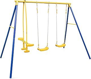 COSTWAY Kids Swing Set, Heavy Duty Extra Large Metal Swing Frame with Double Swings, Glider, Adjustable Hanging Rope, Children Outdoor Backyard Play Set for 3+ Years Old