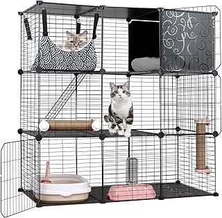 Cat Cages Indoor, 3 Tier DIY Cat Enclosure with Large Hammock, Metal Wire Cat House Kennels Crate Catio with Cat Litter Box, Cat Bed, Scratchers, Bowl, Stairs for 1-2 Cats