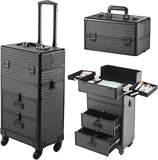 Upgrade Professional Makeup Trolley with Drawers, Detachable Stripe Lockable Cosmetic Vanity Case Beauty Trolley on Wheels, Rolling Train Case Artist Nail Technician Case, Stripes Black