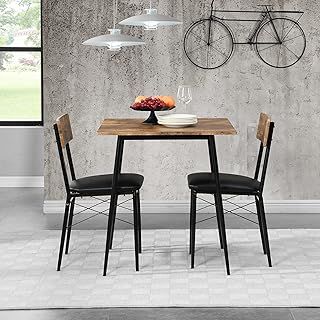 BTM 2-Seater Dining set, 3-piece dining set for home/kitchen/dining room, 1 table with 2 chairs, particle board table + steel leg, chair with PU leather, brown+black