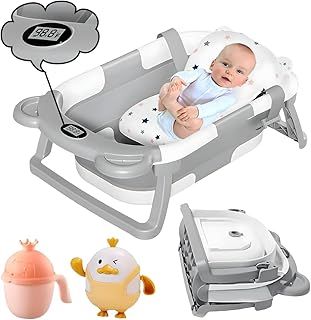 Collapsible Baby Bath Tub with Thermometer - Baby Bath Support for Newborn Bath - Portable Bathtub with Drain Plug for Travel - Anti Slip Tub with Shower Jug and Toy 0-24 Months (Grey)