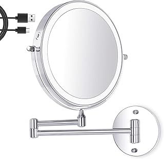8 Inch Wall Mounted Makeup Mirror USB Rechargeable LED 3 Color Lights Two Sided 1X/20X Magnifying Mirror Touch Switch Intelligent Shutdown 360° for Bathroom Hotel (Silver)
