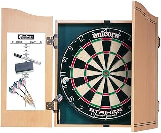 Unicorn Dartboard & Cabinet Darts Board | Striker | Sisal Bristle Board & Wooden Cabinet with Shaped Doors | with 2 Sets of Darts, Marker Pen, Wiper & Checkout Chart