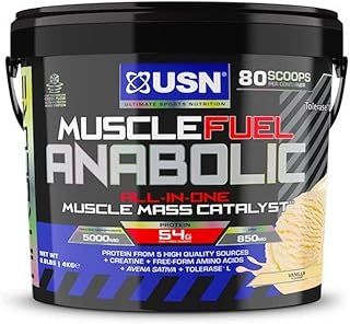 USN Muscle Fuel Anabolic All-In-One Muscle Mass Gainer, Vanilla Flavour - 4kg, 54g Protein Powder, 5g Creatine Powder & 5g BCAA Powder For Maximum Muscle Growth, Post Workout Recovery Drink Mix