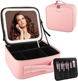 Travel Makeup Bag with Led Light Mirror, Large Capacity Cosmetic Organizer Vanity Travel Case for Make up with Adjustable Compartment - Pink