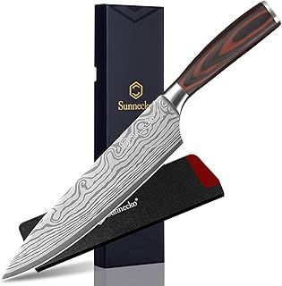 Sunnecko Chef Knife 8 inch, Kitchen Knives with Sharp High Carbon Stainless Steel Blade Professional Chefs Knives, Pakkawood Handle Knife for Kitchen with Shealth