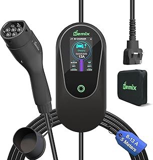 EV Charger Cable Type 2 to 3 Pin Plug, 5M 2.8" HD Display, 13 AMP Single-Phase Electric Car Charger with Adjustable Current, Scheduled Charging, EV Charging Cable With Storage Bag (Black, 16 ft)