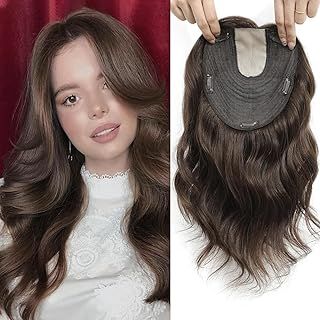 Hair Toppers for Women Real Human Hair 14inch Remy Human Hair Topper 8.5 * 8 Inch Skin Scalp Hair Toppers for Thinning Hair Women Real Hair Wavy Hair Topper(Medium Brown, 14 inch)
