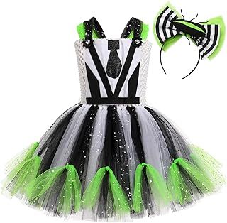 IDOPIP Kids Girl's Beetle Costume Playsuit Cosplay Black and White Striped Green Tulle Tutu Dress with Headband Carnival Party Fancy Dress