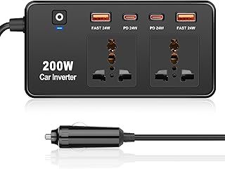 200W Car Power Inverter, DC 12V to AC 220V Power Converter, 24W Fast Charging USB-C&USB-A, for Laptops, Mobile Phones, Tablets, Car Refrigerators, Business Travel Camping