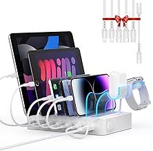 SooPii 60W/12A 6-Port Charging Station for Multiple Devices, PD 20W USB C Fast Charging for lPhone 14/13/12,2 in 1 Holder, 6 Short Cables Included for Phones,Tablets and Others