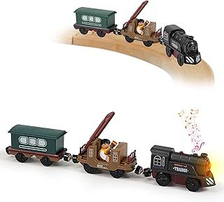 CMANLNYK 3 Pcs Train Toy Set for Wooden Track - Magnetic, Retro, Battery Operated Train with Light Up Feature for Kids Aged 3-5