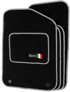 Precision - Tailored Car Mats - Intended for Fiat 500 Hybrid 2020-2022 with a 500 Logo - 4 Piece Set - Non-Slip Floor Mats - Black Carpet - Silver Check Binding - Fittings Clips