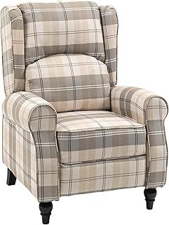 HOMCOM Wingback Recliner Armchair for Living Room, Pushback Reclining Chair with Round Armrests, Footrest and Rubber Wood Legs, Khaki