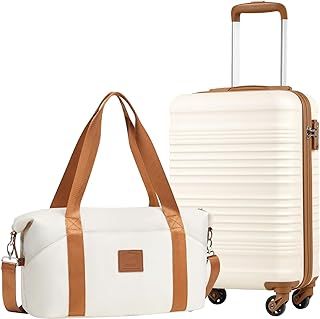 COOLIFE Cabin Suitcase 55×35×20cm and Cabin Bag 20L Set for Ryanair Airlines - Hard Shell Suitcase & Bag with TSA Lock (White/Brown, 55×35×20cm - Set 2pcs)