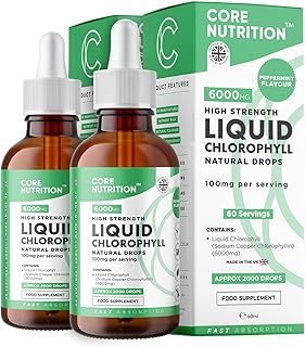Liquid Chlorophyll Drops for Water - High Strength of 12,000mg per 2X 60ml Bottle at 4X Concentration - 4 Month Supply of Chlorophyll Liquid Drink - Made in UK by Core Nutrition (2X Pack)