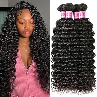 Human Hair Bundles Deep Wave 14 16 18 20 Inch Curly Bundles Human Hair 100% Unprocessed Brazilian Remy Human Hair Extensions Double Weft Deep Curly Weave 4 Bundles Natural Black Color