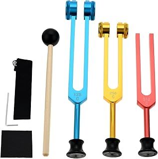 DRELD Tuning Forks Set -128Hz, 256Hz, 512Hz Tuning Fork with Rubber Base for Chakra Healing, Sound Therapy, DNA Repair, and Medical Use with Cleaning Cloth, Allen Key and Silicone Hammer (Colorful)