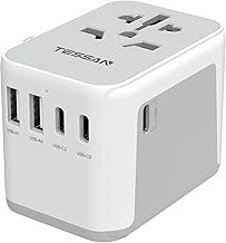 TESSAN Universal Travel Adapter 28W, Worldwide Plug Adaptor with 2 USB A and 3 USB C Ports, International Travel Adapter for EU, UK, USA, AU, Power Socket Charger for Multi Countries, Grey White