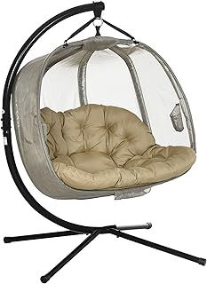 Outsunny Double Hanging Egg Chair 2 Seaters Texteline Swing Hammock Chair with Stand, Cushion and Folding Design, for Indoor and Outdoor, Brown