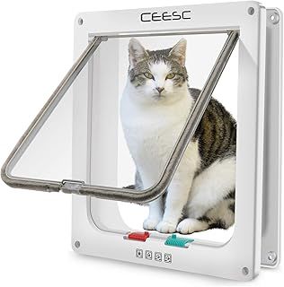 CEESC Large Cat Flap (Outer Size 11" x 9.8"), 4 Way Locking Large Cat Flap Door for Interior Exterior Doors, Weatherproof Pet Door for Cats & Doggie with Circumference < 24.8" (White)