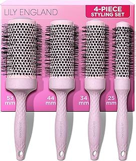 Lily England Professional Round Brush Set for Styling - 4 Ceramic Ionic Round Brushes for Blow Drying Hair - Pink