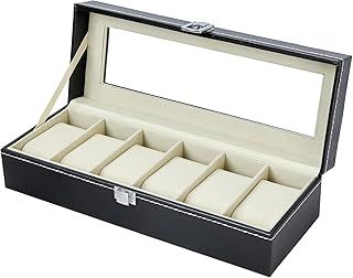Ohuhu Watch Box with 6 Slots, Watch Case with Glass Lid, PU Leather Watch Holder with Velvet Pillows, Watch Storage Box for Men and Women, Gift Idea for Birthday Father's Day
