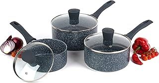 Russell Hobbs COMBO-4838A Nightfall Stone Saucepan Set, 3 Piece Collection, 16/18/20 cm, for All Hob Types Including Induction, Comfortable Bakelite Handle, Tempered Glass Lids, Blue Marble Aluminium