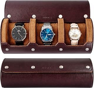 LEFOR·Z Watch Roll Travel Case Leather Watch Box Organiser for Men with 3 slots Watches Display Storage Holder (Brown)